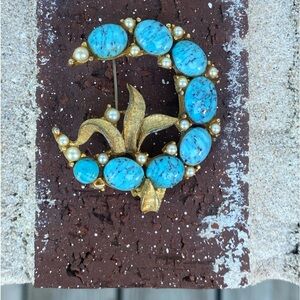 Vintage BSK Brooch With Turquoise and Pearl Crescent Shape
